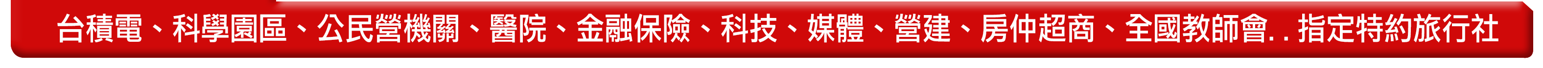 台積電、聯電、各公司機關行號、各大醫院、金融業、科技業、媒體業、學校全國教師會等...指定特約旅行社